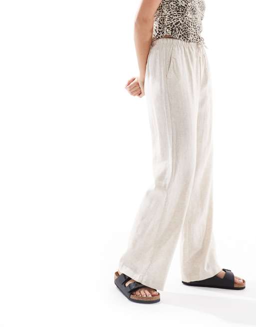 Bershka tie waist wide leg linen rich pants in sand