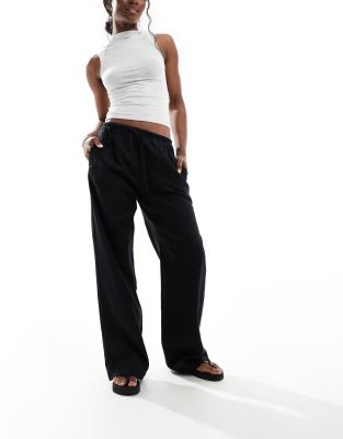 Bershka Bershka tie waist wide leg linen trousers in black