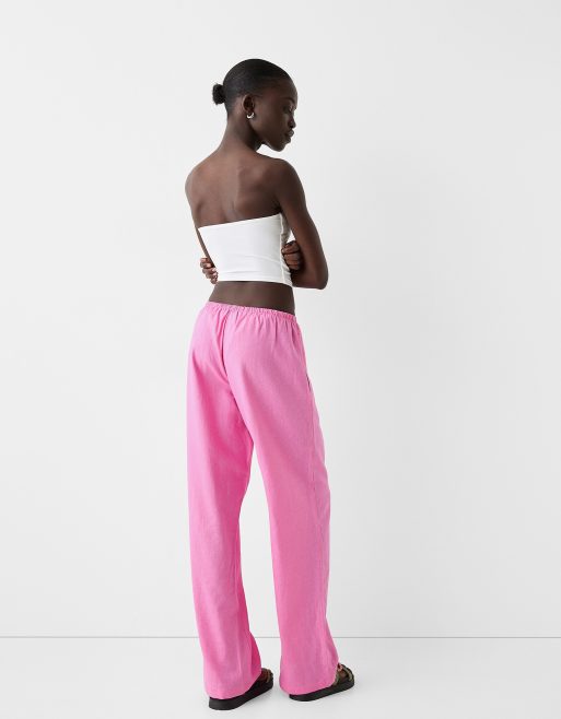 Bershka tie waist wide leg linen trousers in bright pink , 2 of 4