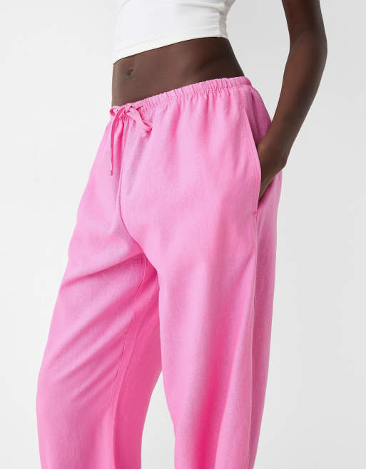 Bershka tie waist wide leg linen trousers in bright pink , 3 of 4