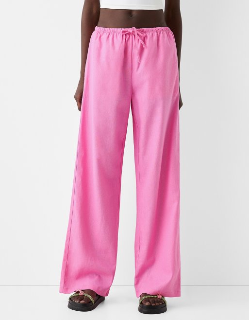 Bershka tie waist wide leg linen trousers in bright pink , 4 of 4
