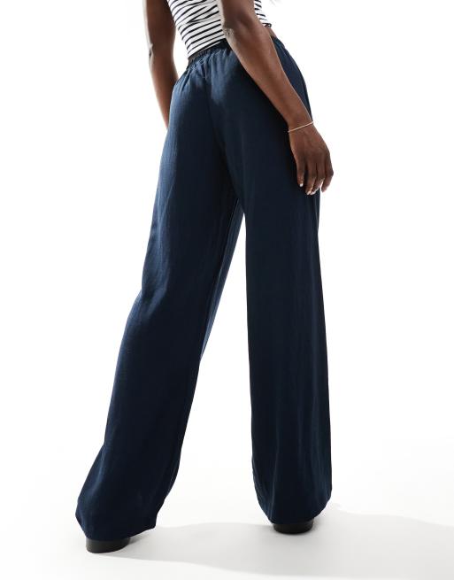 Bershka tie waist wide leg linen trousers in navy, 3 of 5