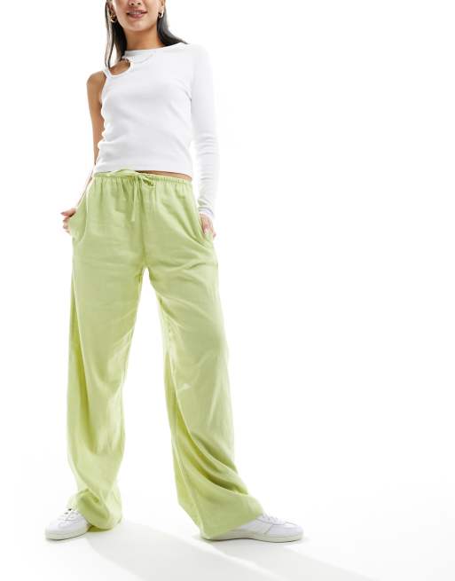 Bershka tie waist wide leg linen trousers in pistachio 