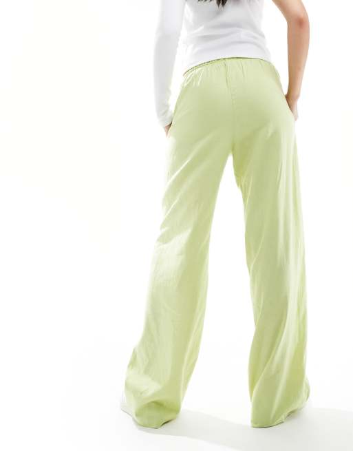 Bershka tie waist wide leg linen trousers in pistachio 