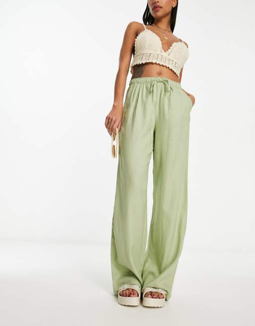 Bershka tie waist wide leg linen trousers in sage | ASOS