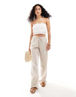 Bershka Bershka tie waist wide leg linen trousers in sand-Neutral