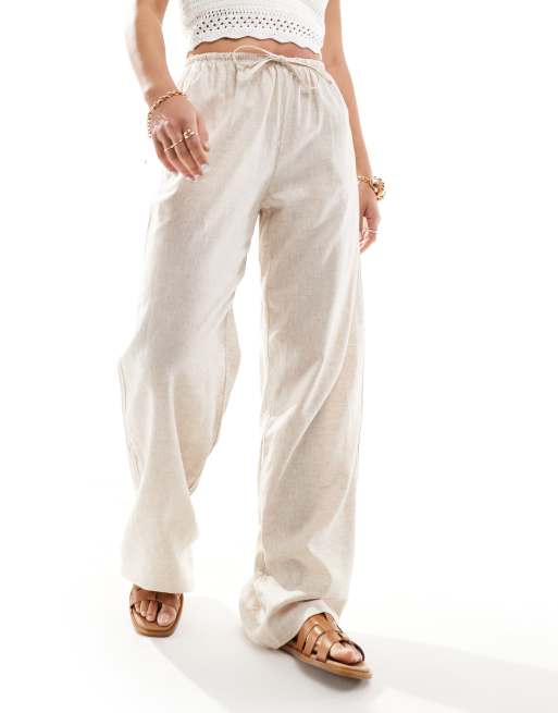 Bershka tie waist wide leg linen trousers in sand ASOS
