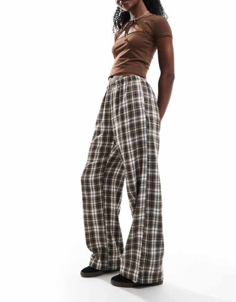 Bershka tie waist wide leg pants in brown check - view 1