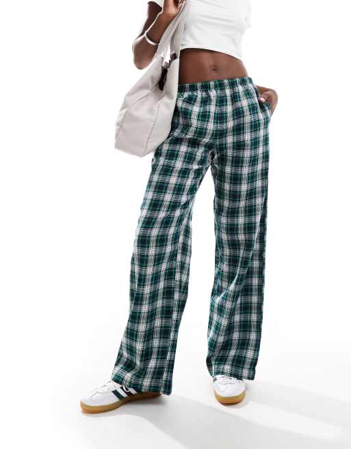 Bershka tie waist wide leg pants in green check