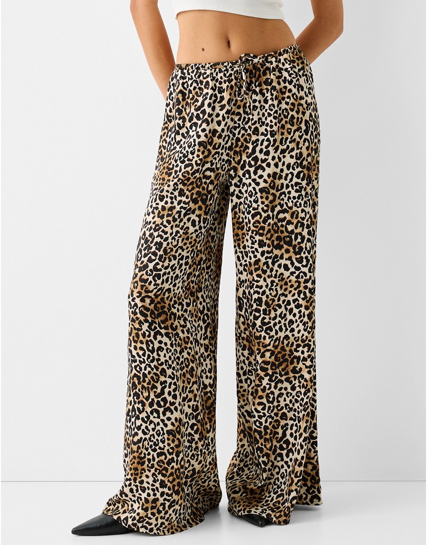 Bershka Tie Waist Wide Leg Pants In Leopard Print-multi