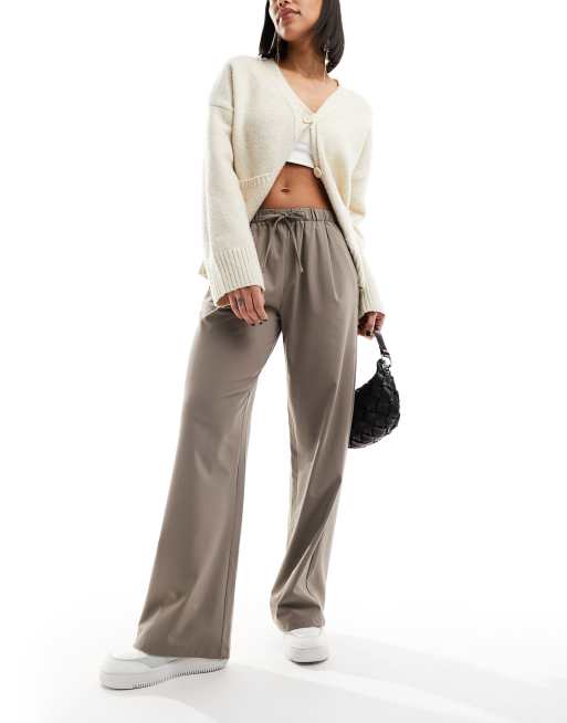 Bershka tie waist wide leg pants in light brown