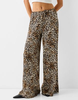 Bershka tie waist wide leg trousers in leopard print
