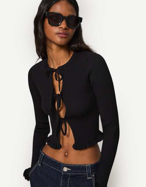 Bershka Tied cardigan with ruffles in black - view 1