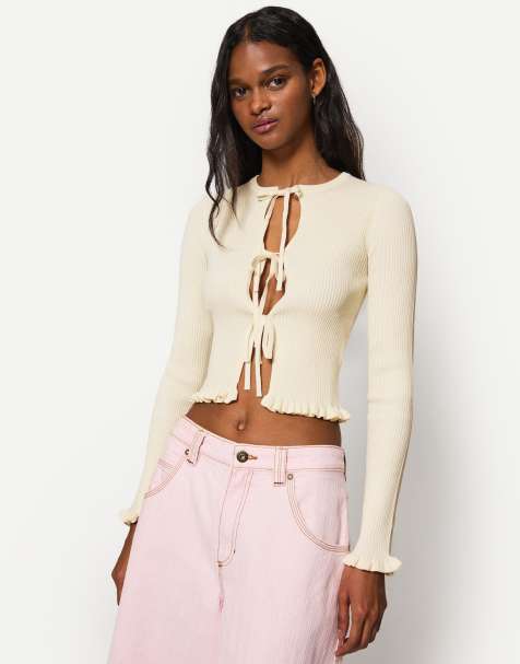 Bershka Tied cardigan with ruffles in white