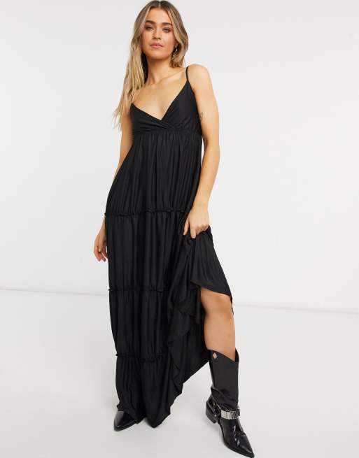 Bershka tiered maxi dress in black