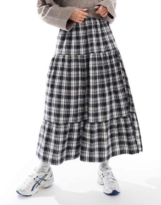 Bershka tiered maxi skirt in black and white check