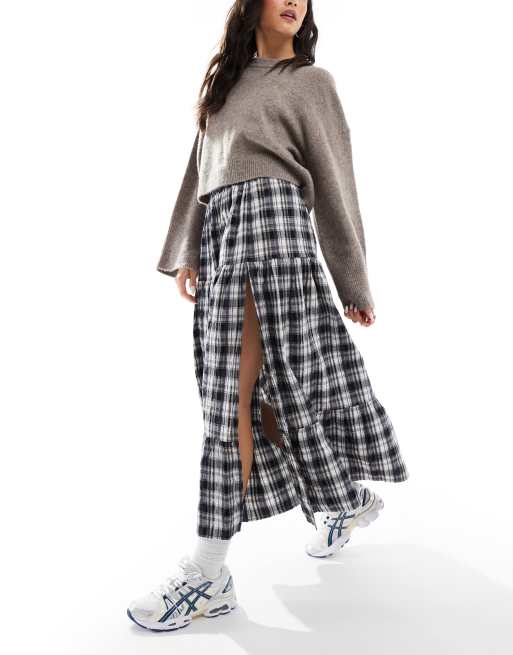 Bershka tiered maxi skirt in black and white plaid