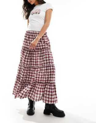 tiered maxi skirt in burgundy check