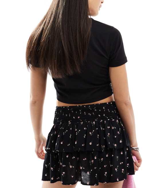 Bershka tiered mini rara skirt in black floral | ASOS