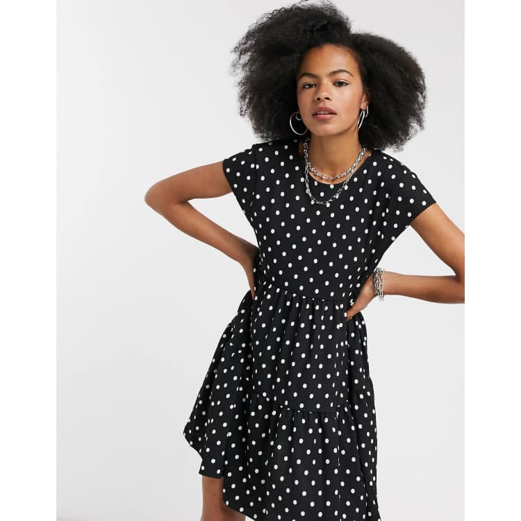 Bershka tiered polka dot smock dress in black