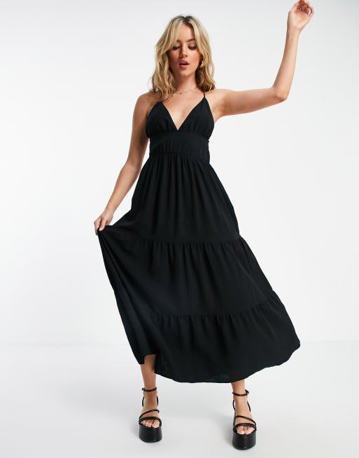 Bershka tiered smock detail maxi dress in black