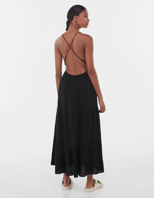 Bershka tiered smock detail maxi dress in black ASOS