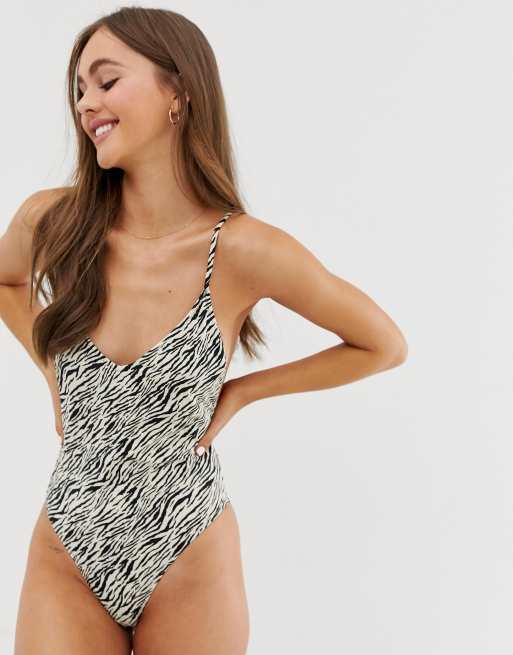 Bershka tiger print deep V swimsuit in multi ASOS