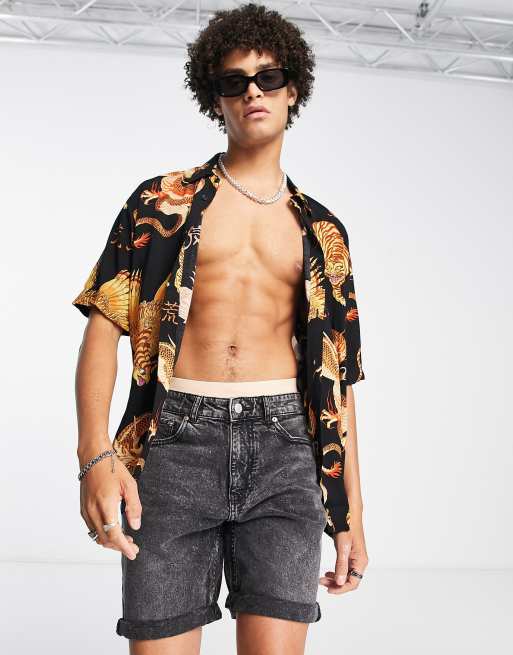 Bershka tiger print shirt in black