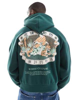 tiger printed hoodie in dark green