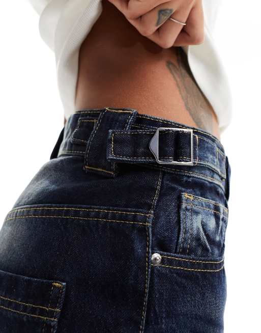 Bershka - Timmermansjeans met verstelbare taille in vuil indigo, 2 van 5