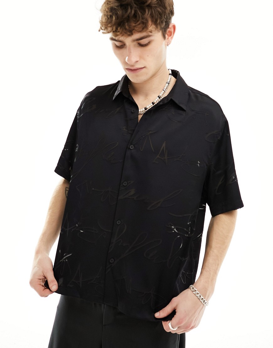 Bershka Tonal Embroidered Satin Shirt In Black