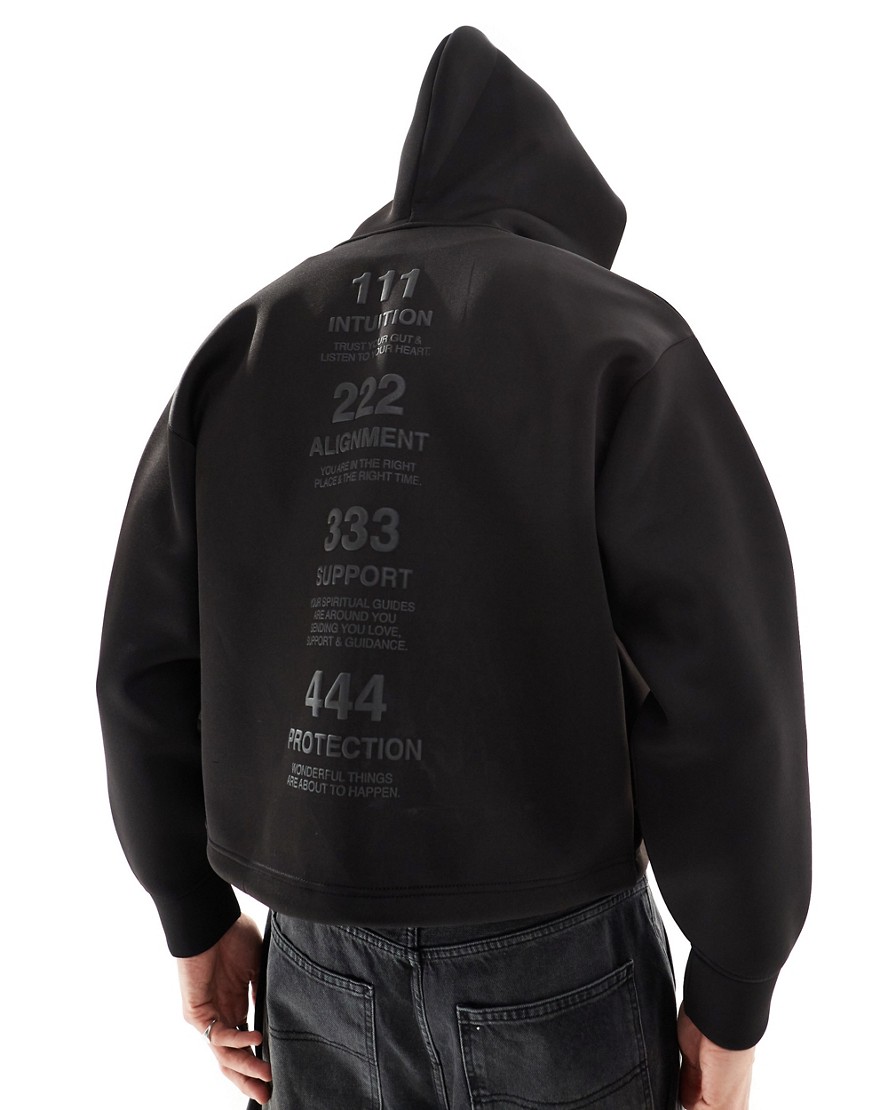 Bershka tonal print tech zip through hoodie in black
