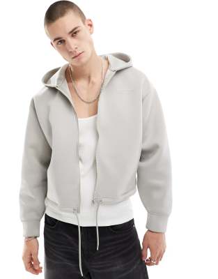 Bershka tonal print tech zip through hoodie in grey