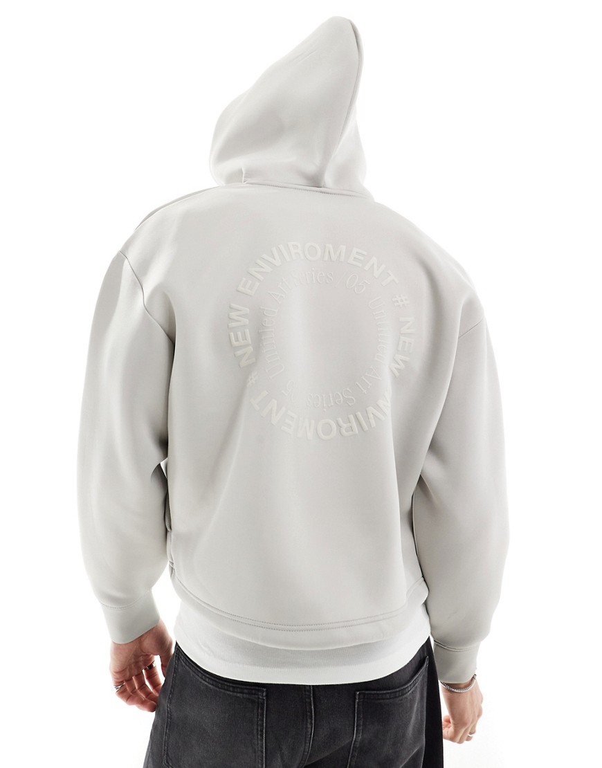 Bershka tonal print tech zip through hoodie in grey