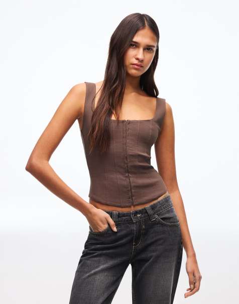 Bershka - Top à bretelles en bengaline - Marron - view 1