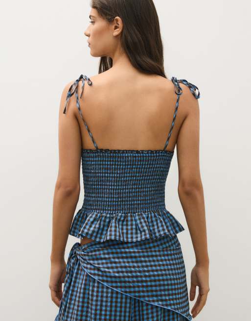 Bershka top à bretelles smocké bleu denim, 3 de 5