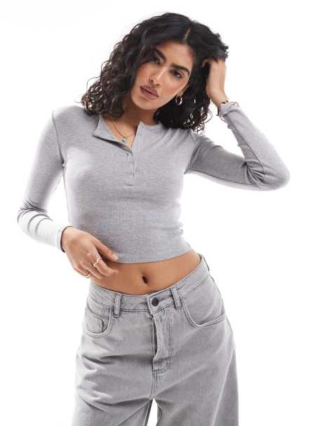Bershka - Top à col boutonné - Gris chiné - view 1