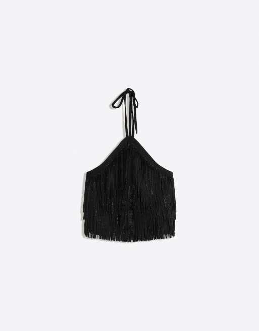 Bershka top à col halter à franges et strass noir, 5 de 5