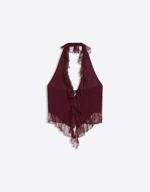 Bershka top à col licou en dentelle à volants bordeaux, 5 de 5
