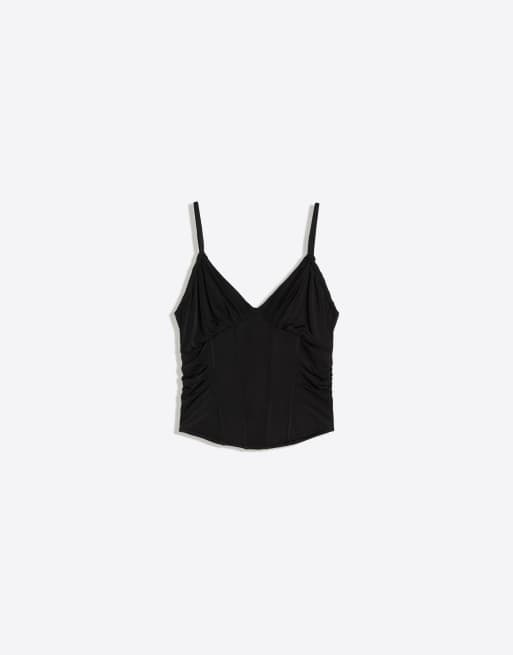 Bershka - Top a corsetto nero arricciato, 3 di 4