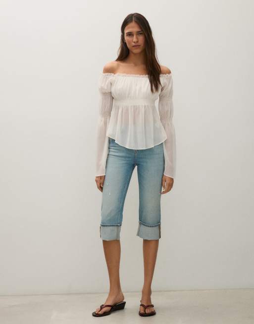 Bershka top à encolure bardot et manches longues écru, 4 de 5