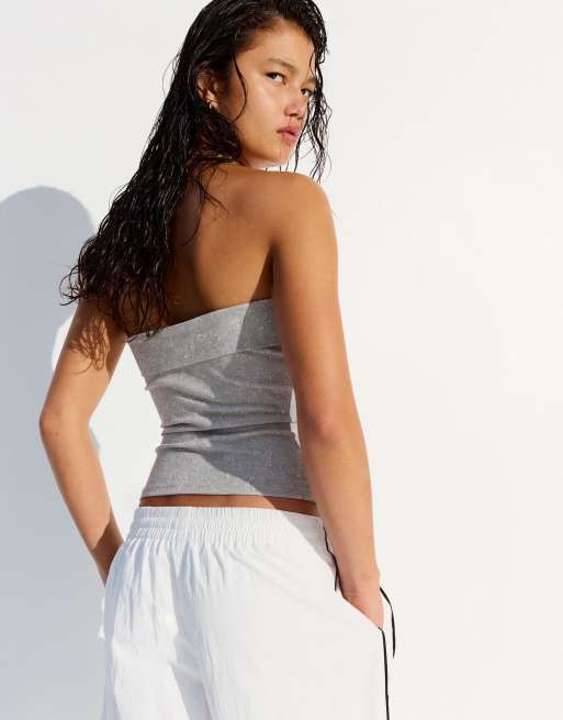 Bershka - Top a fascia grigio chiaro glitterato, 3 di 5