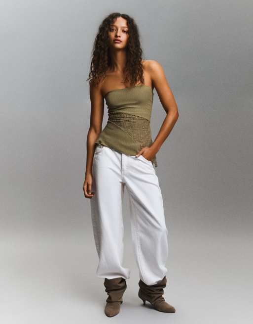Bershka - Top a fascia in pizzo asimmetrico kaki, 2 di 4