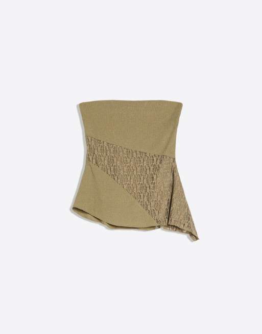 Bershka - Top a fascia in pizzo asimmetrico kaki, 3 di 4
