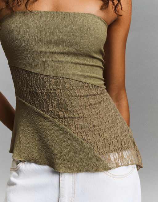 Bershka - Top a fascia in pizzo asimmetrico kaki, 4 di 4