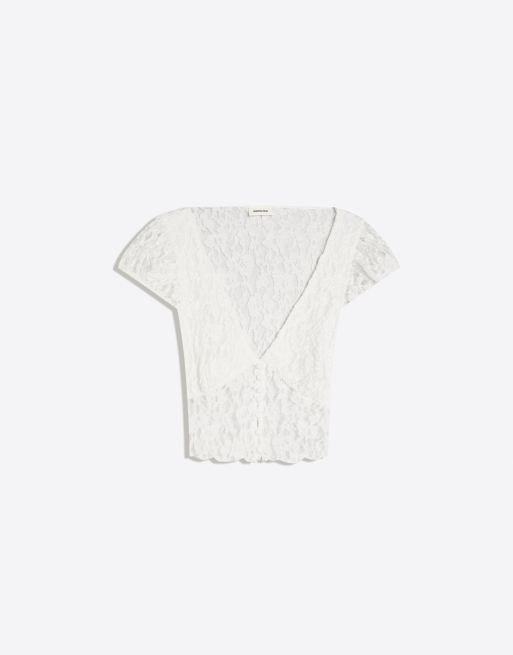 Bershka - Top a maniche corte in pizzo écru, 4 di 4