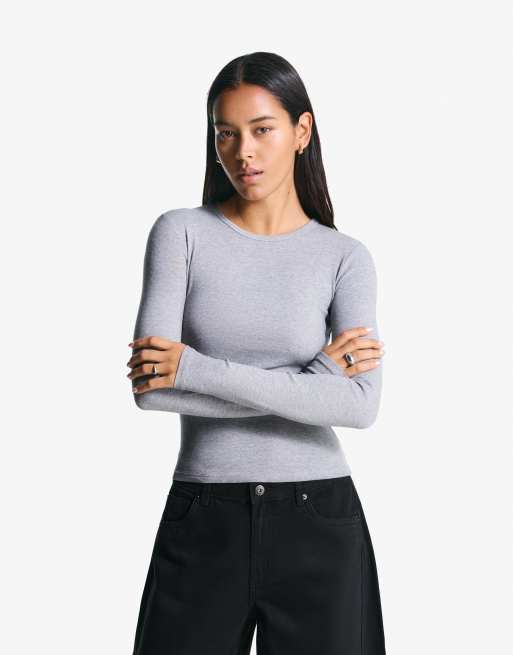 Bershka - Top a maniche lunghe grigio