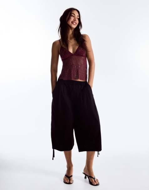 Bershka top a rete con spalline e strass bordeaux - view 1