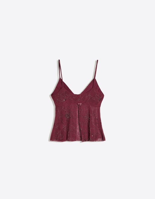 Bershka top a rete con spalline e strass bordeaux, 6 di 6