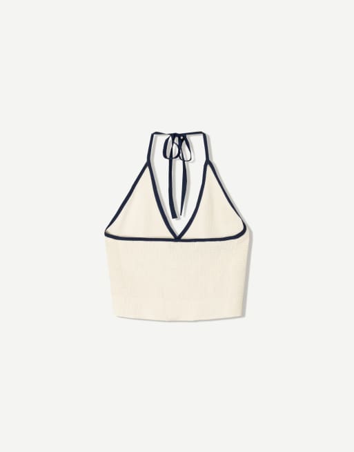 Bershka - Top allacciato al collo bianco con dettagli a contrasto